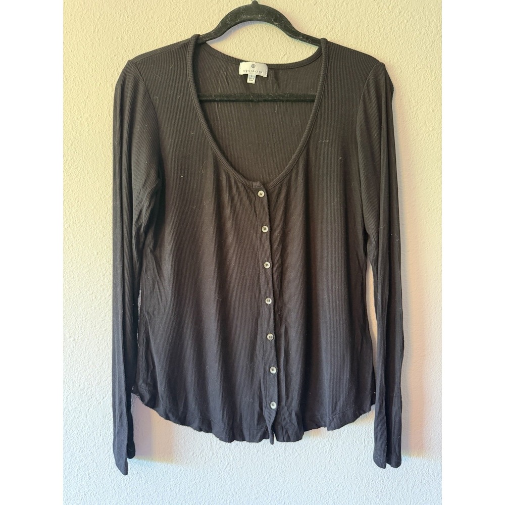 Socialite Button Down Black Casual Long Sleeve Henley Top Large Scoop Neck